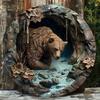 Metal Wall Art Bear In Cave Circular Rustic Sign Outdoor Indoor Decor Scratch Resistant