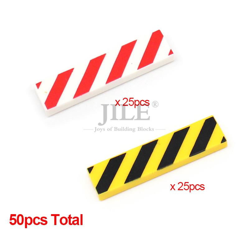 50pcs Moc Tile 1x4 1x3 Tablet with Wood Grain Danger Stripes Pattern DIY Building Blocks Bricks Compatible with 2431 63864