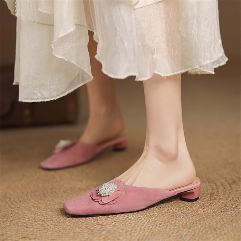 Fashion New Summer Slippers Sheep Suede Slippers for Women Fashion Flower Square Toe Ladies Shoes Low Heels Cover Toe Slippers Sandals