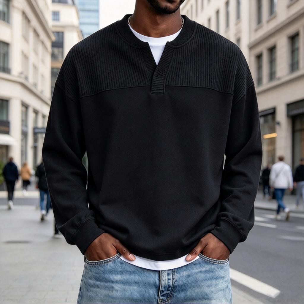 Men's V-Neck Corduroy Two-Piece Pullover Wool Sweater Color Knit Casual Top