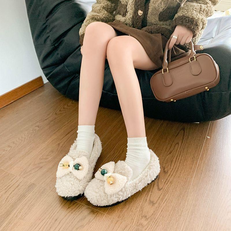 2025 winter new fashion one-pedal velvet versatile bow fluffy shoes popular soft sole comfortable Doudou shoes women
