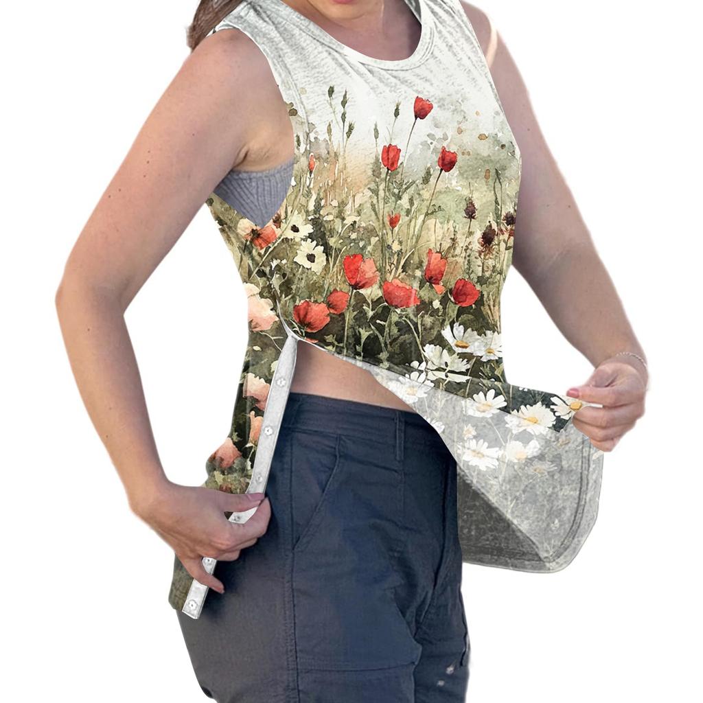 Women Shoulder Surgery Shirt Sleeveless Floral Print Top with Snap Buttons and Adjustable Cuff Design Postoperative Recovery Garment