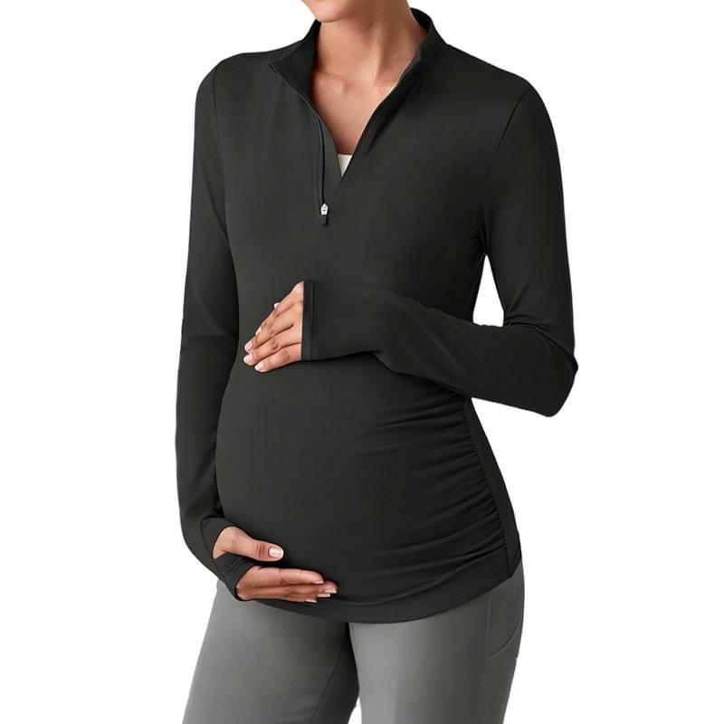 Cross-border Maternity Quick-dry Yoga Top: Elastic Wrinkled, Stand Collar, Half-zip, Thumb Hole, Long Sleeve XL