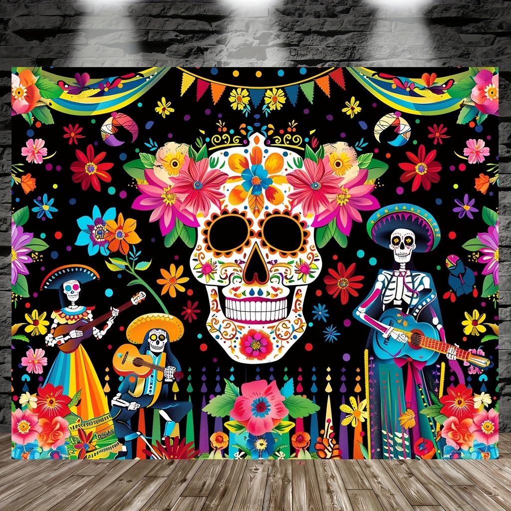 1 piece of vibrant Day of the Dead sugar skull background fabric - for Mexican Carnival dandelion celebration decoration.PMJ