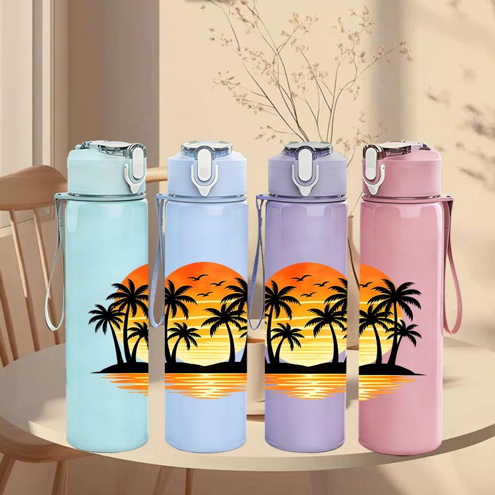 1PC Palm Tree Sunset Tropical Scenery Print 750ml Color Plastic Sports Water Bottle Leakproof Flip Straw Lid Suitable for Sports Office Home Use