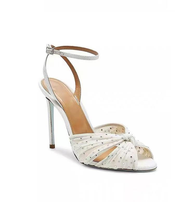 Fashion 2025 Summer New Sexy Rhinestone Bling Bling Sandals Stiletto High Heels Women's Mesh Knotting Slingback Open Toe Buckle Sandals