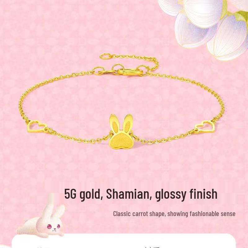 Vietnam Sand Gold Pretty Rabbit Bracelet with White Rabbit Charm and Brass Gold-Plated Beads - Lovely Jewelry Gift
