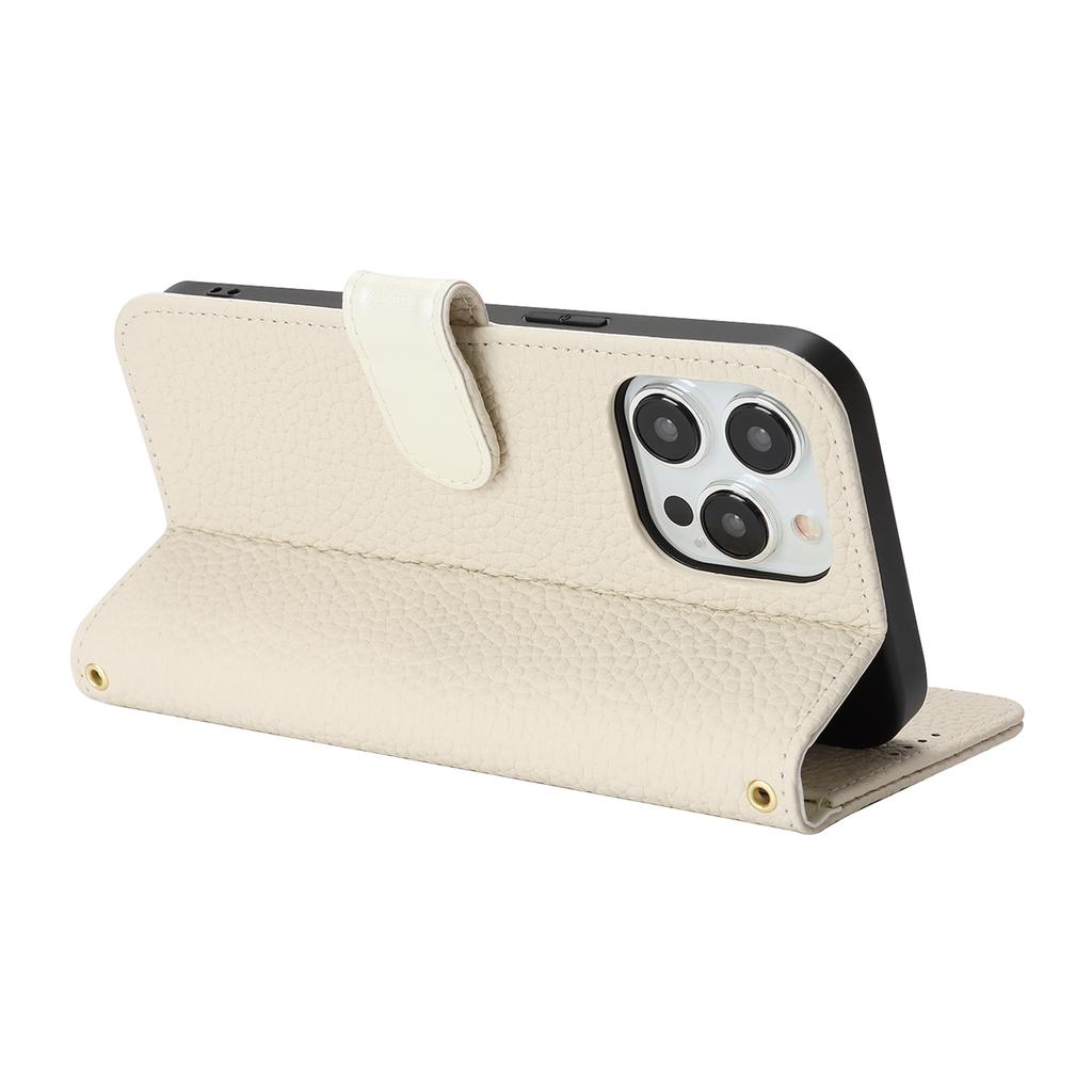 For iPhone 13 Pro Max/12 Pro Max Stand Case Litchi Texture Genuine Cow Leather Wallet Phone Cover RFID Blocking