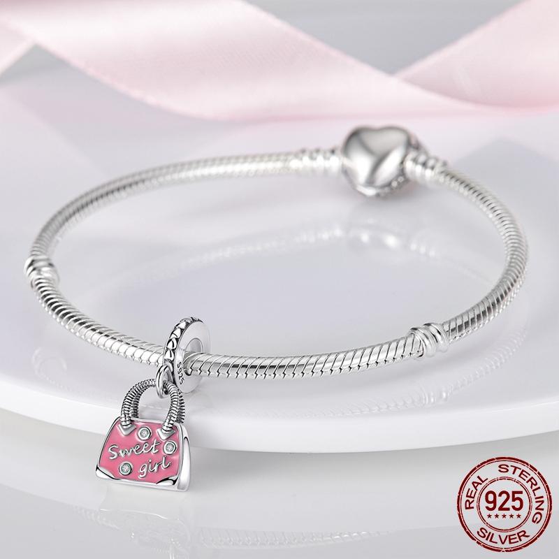 Women Handbag Dangle Charm Bead Charms copper Pendant Pink Enamel Travel Shopping Bag Bead Charms Authentic Accessories Bracelets Gift