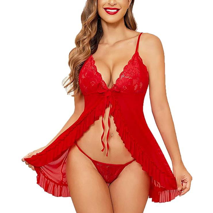 Women's Lace & Net Floral Above Knee Babydoll Lingerie