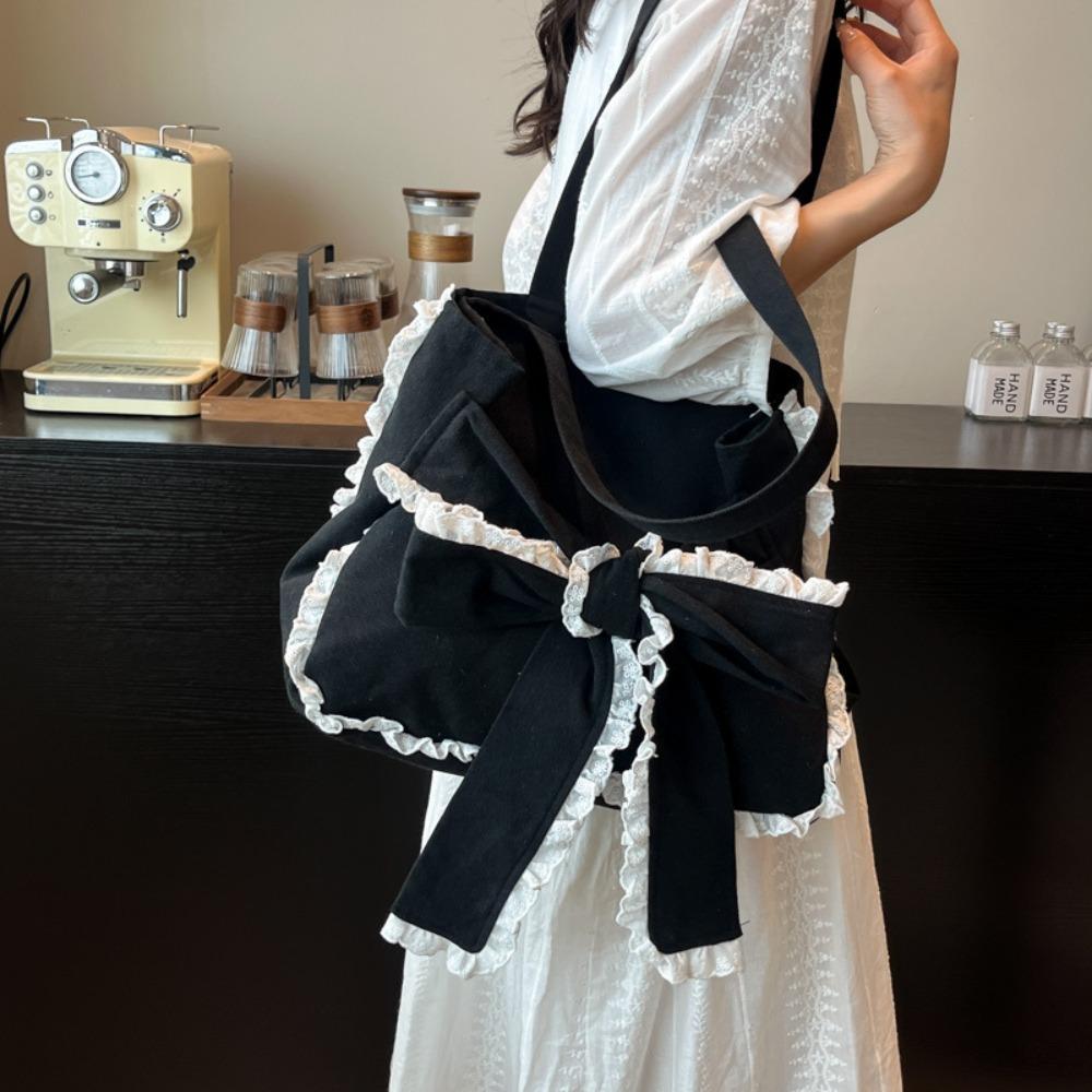 Korean Style Lace Bow Tote Bag Women Fashion Ins Trend Relaxed Canvas Shoulder Bag Large Capacity Underarm Purse Handbags