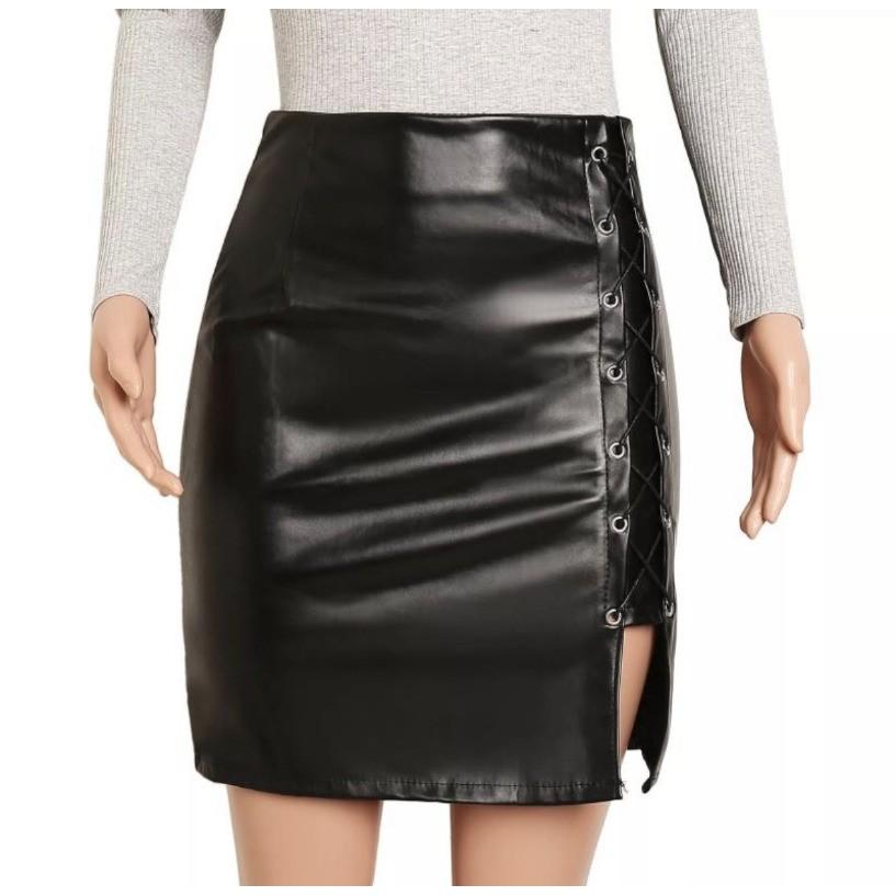 Qooth PU Bodycon Mini Skirt with Irregular Hem Slim Fit PU Mini Back Zipper QT2706
