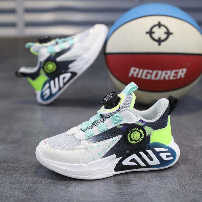 Male and Female Students Fashion Sports Shoes Medium and Older Children Casual Rotating Button Cushioning Running Shoes Mesh Breathable Basketball