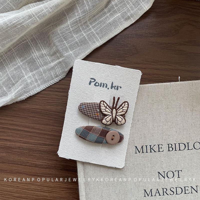 Korean Plaid Oval Hair Clip with Butterfly Bow and Lace Edge for Children