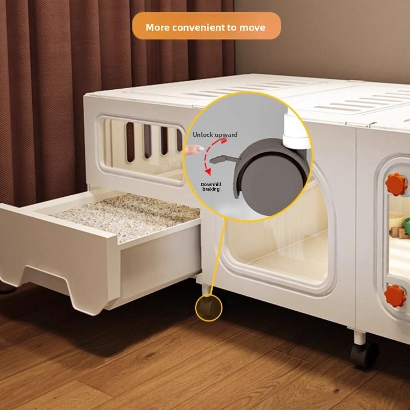 Space Saving Cat Cage with Built-in Litter Box One Room One Bath Pet Villa Indoor Cat House Multi-Level Cats Condo for Home Use