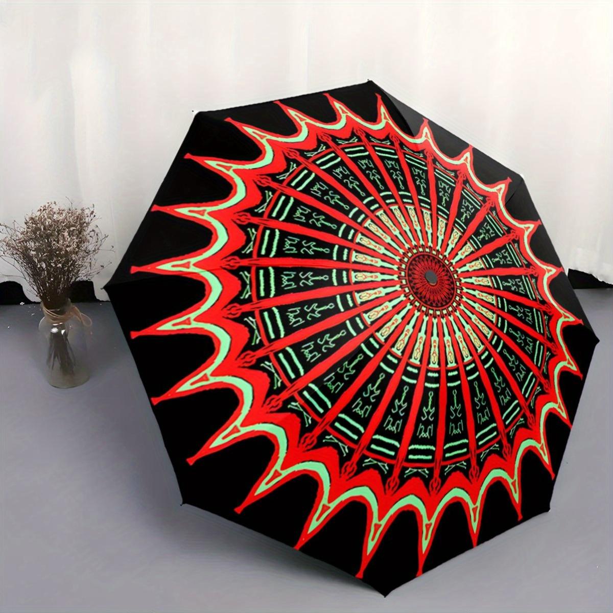 

Automatic Open/Close Folding Umbrella with Red & Green Tribal Pattern - Compact Travel Umbrella, Sturdy 8-Rib Shaft, Lightweig (as the picture,Iron&8K)
