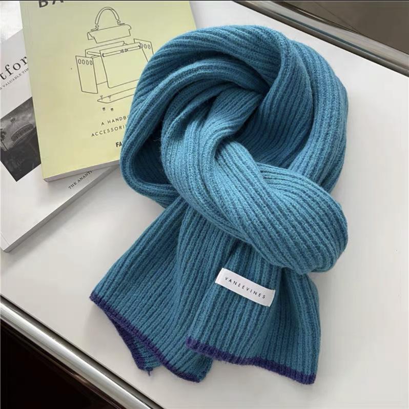 Korean cotton knitted wool scarf women's autumn and winter atmosphere white thickened warm solid color scarf