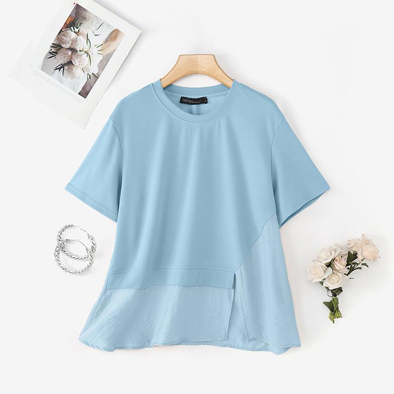 

ZANZEA Женские повседневные футболки с круглым вырезом, коротким рукавом, свободного кроя, в стиле пэчворк 3XL