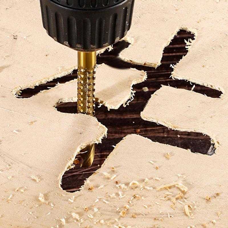 Set de burghie dinți de fierăstrău în trepte, 6 buc., tijă triunghiulară placată cu titan, cu crestături drepte, cu crestături trase, cu crestături pagoda, cu dinți de fierăstrău