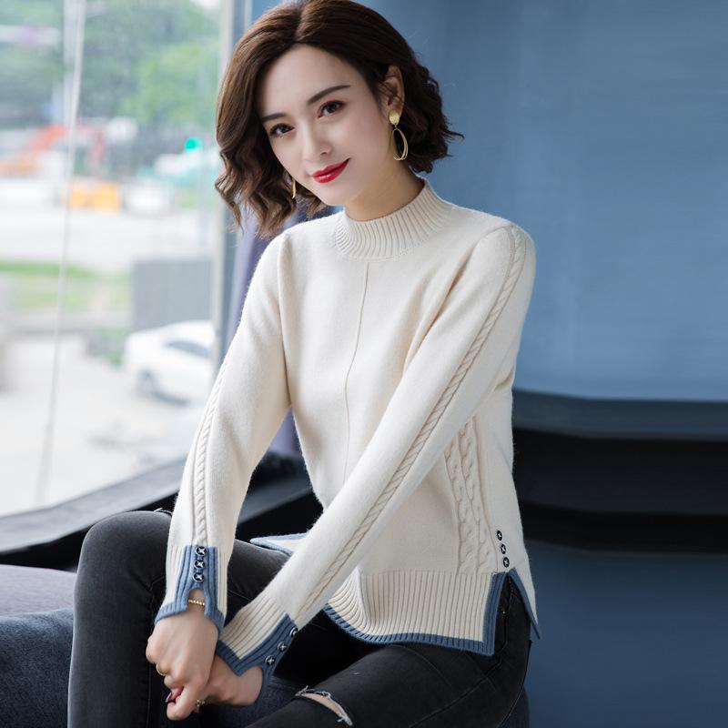 Half High Neck Sweater Split Hem Design Women's Knitted Pullover Casual Solid Color Sweater Harajuku Commuting Autumn and Winter
