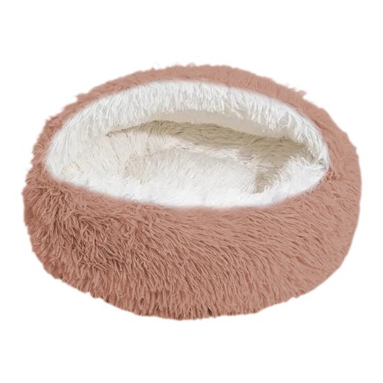 Pet Shell Nest Bed Warm Calming Cat Cave Bed with Hooded Cover Semi Enclosed Fluffy Plush Lined Round Bed for Small Medium Pets