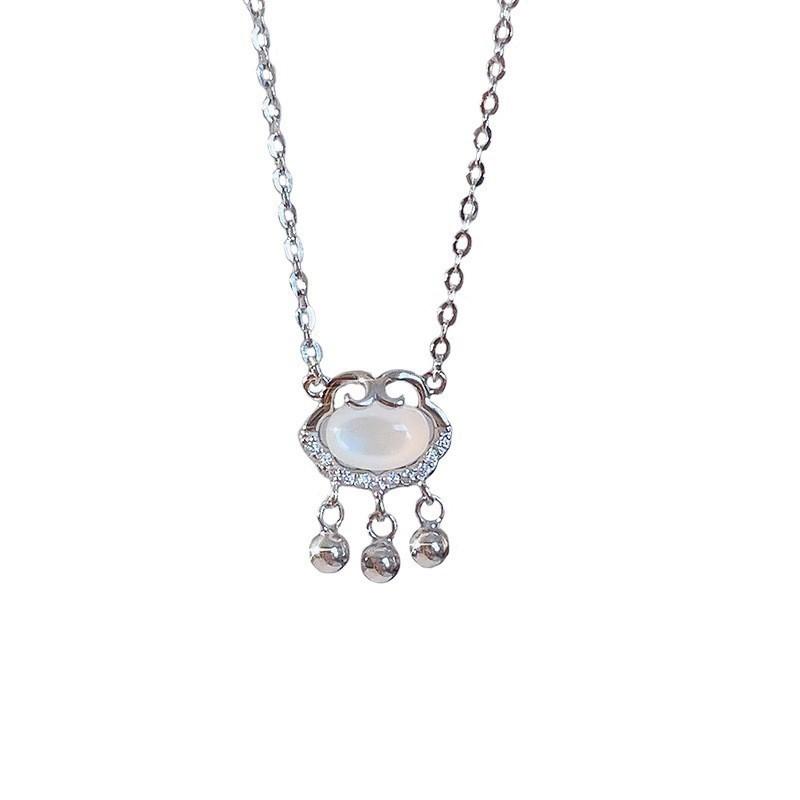 White Chalcedony Peace Lock Necklace for Women Light Luxury Niche Design Sense Auspicious Cloud Long Life Lock Chain Gift for Girlfriend Best Friend