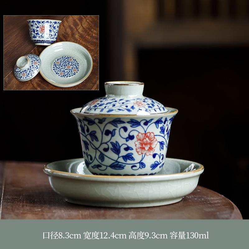 Ceramic Sancai Covered Antique Blue and White Porcelain Hand-painted Underglaze Color Bowl Small Tea Cup Teapot Holder 130ml