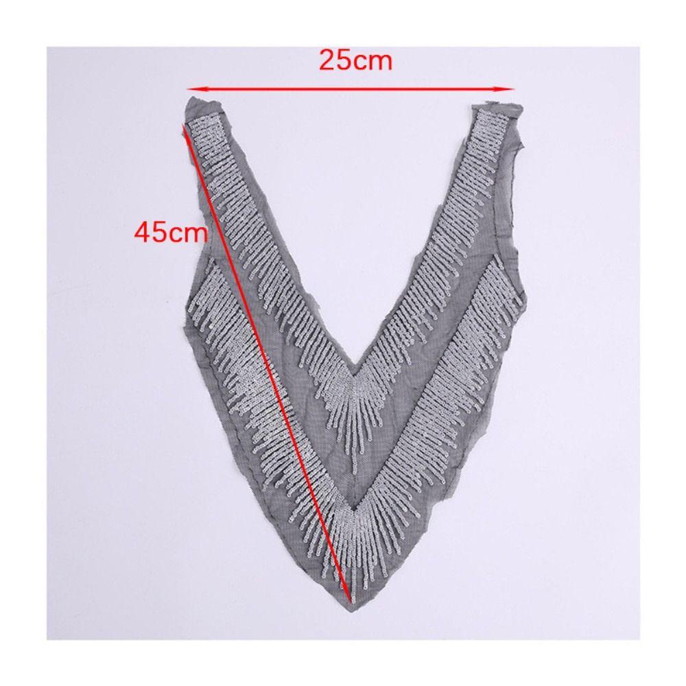 V Collar Design Mesh Lace Appliques Silver Sequins Dress Decoration Appliques Gown Embellishment