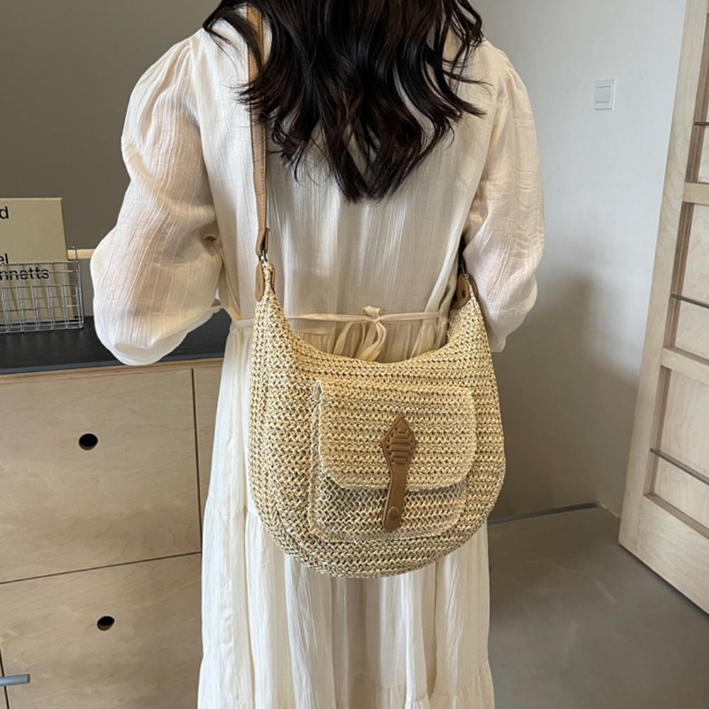 Summer Beach Woven Crossbody Bag Straw Weaving Shoulder Bag 2025 Raffia Zipper Handbag Boho Rattan Hand-Woven Travel Satchel Bag