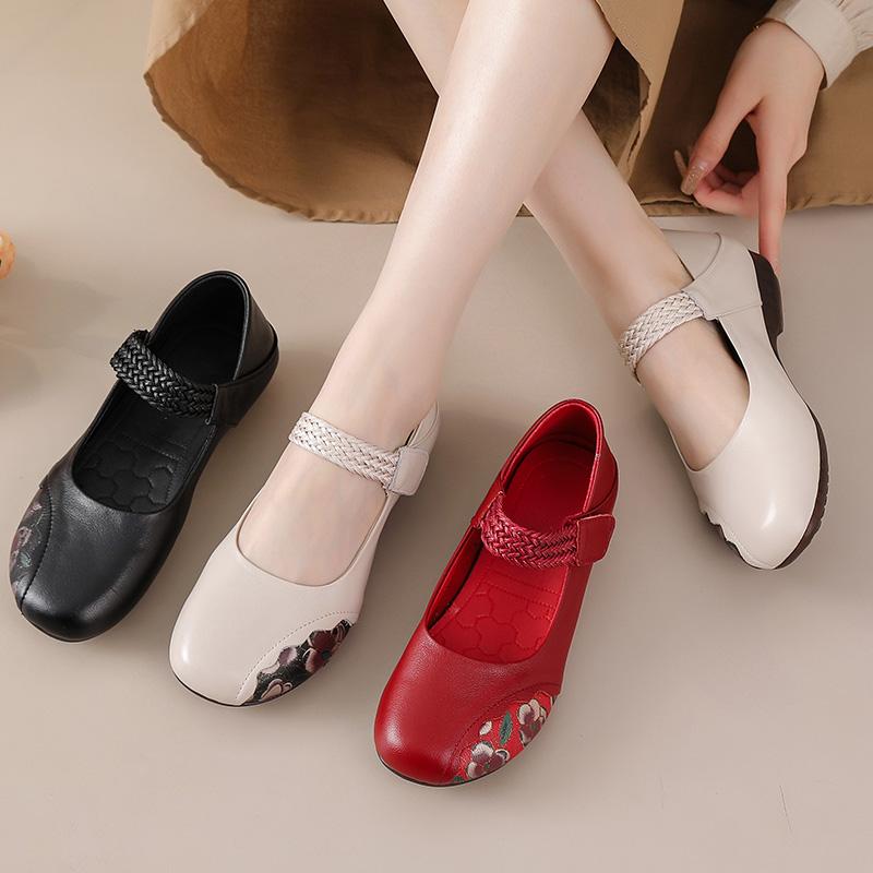 New Arrival Mary Jane Flats for Women Autumn Genuine Leather Shoes Woman Slip On Flats Convertible Printed Loafer Lady Red Flats