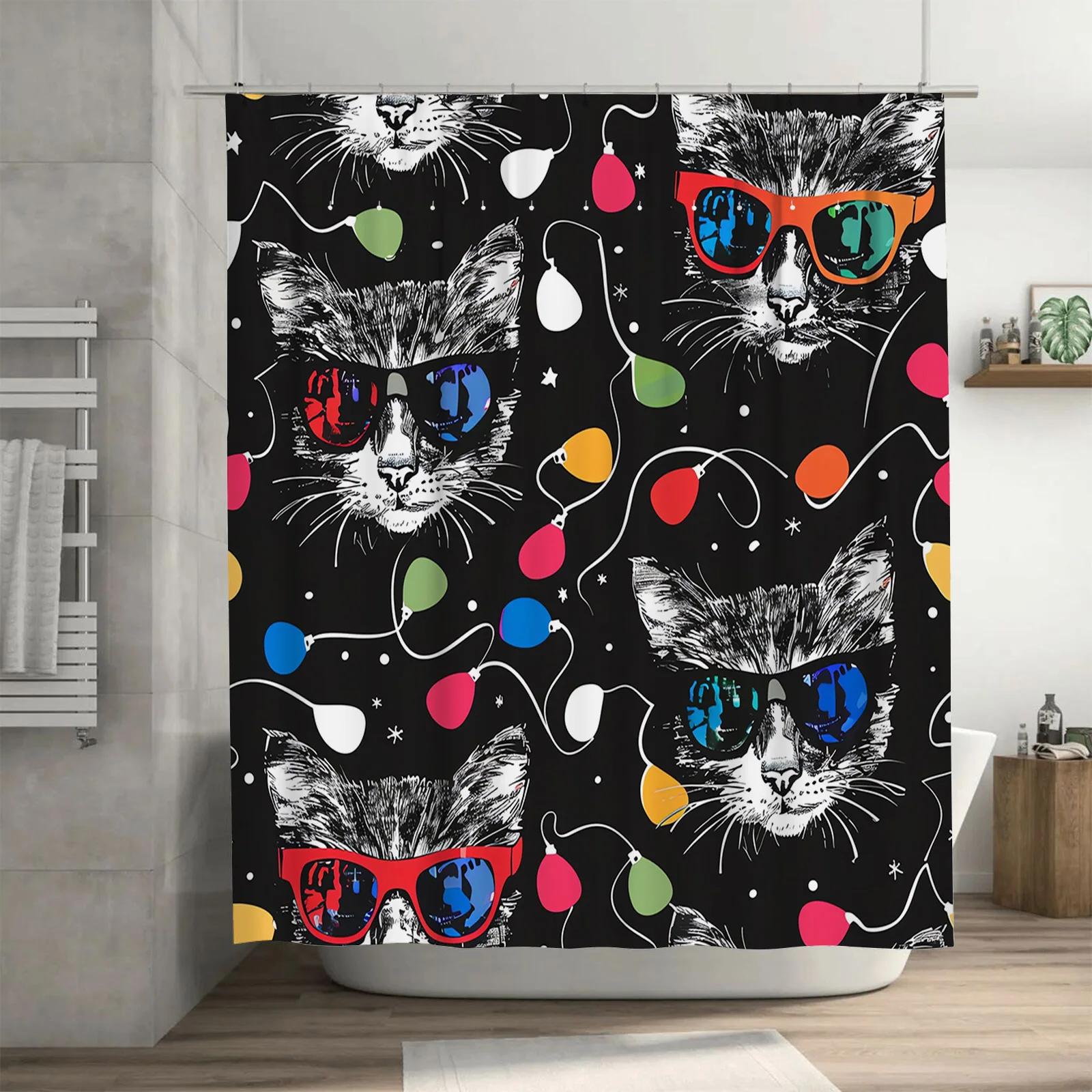 

Black Shower Curtain with Funny Cat Design Waterproof Bathroom Decoration, Perfect for Home Decor (36x72 inches) W90xH180cm