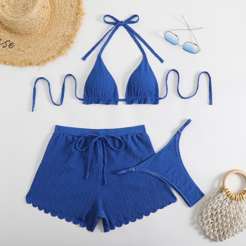 Sexy Bikini Three-piece Fabric Swimsuit Women's Solid Color Beachwear Vacation