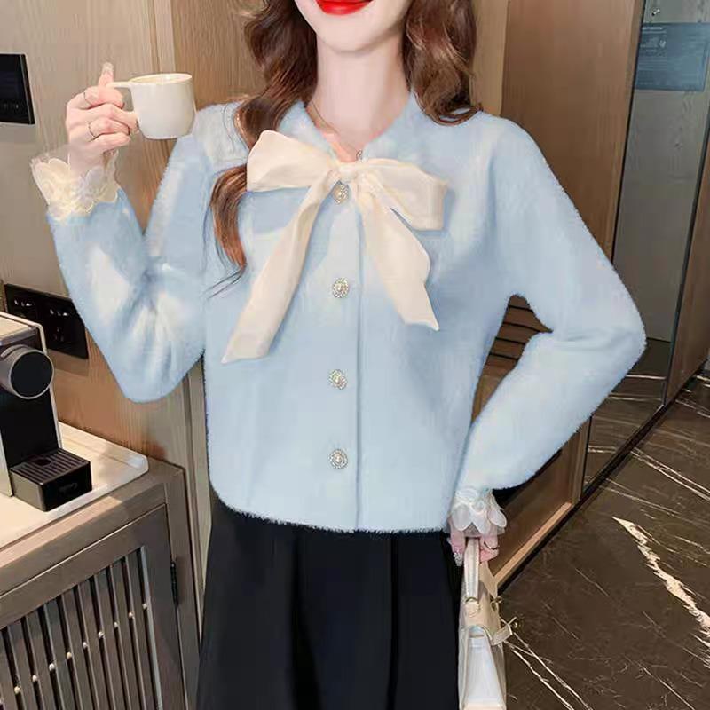 

Свитер-куртка из искусственного норкового флиса, новинка осени и зимы, вязаный кардиган с кружевом и бантом для женщин average size светло-синий