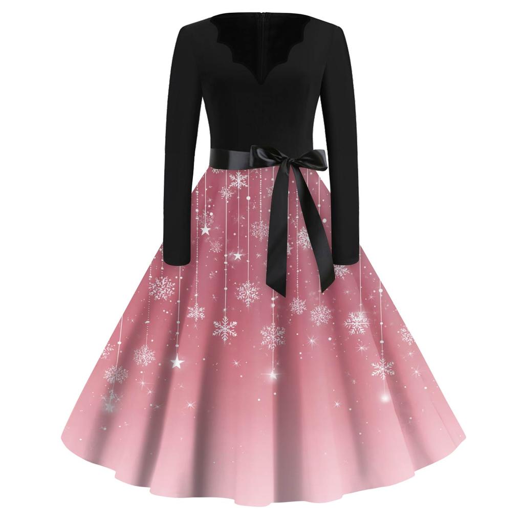 Women's Fashion V-Neck Relaxed-Fit Christmas Print Long-Sleeved Dress