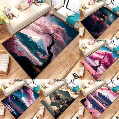 Japanese Style Area Rug Cherry Blossom Temple Mount Fuji Patterns Soft Non Slip Carpet for Living Room Bedroom Decor