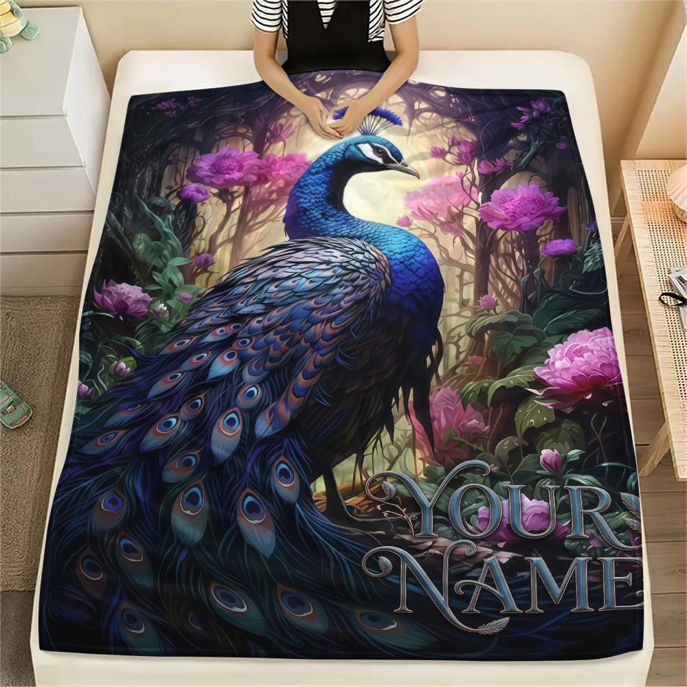 1PC Custom Name Peacock Forest Patterned Flannel Blanket Suitable For All Seasons for Home Decor Warmth and Comfort Gifts Holiday Present_lx