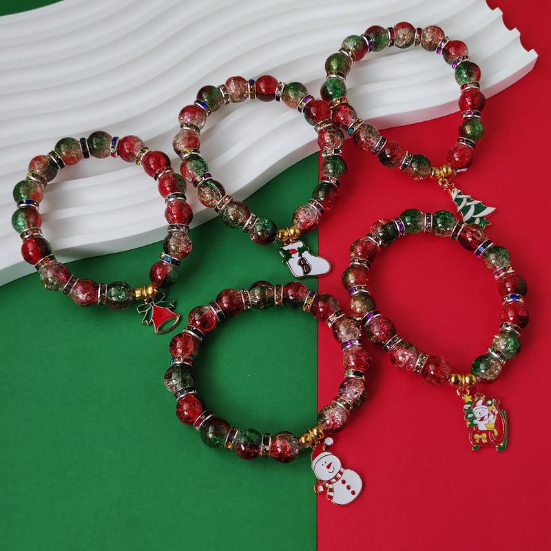 Christmas Diamond Santa & Snowflake Glass Bracelet: Stylish & Versatile Holiday Accessory.