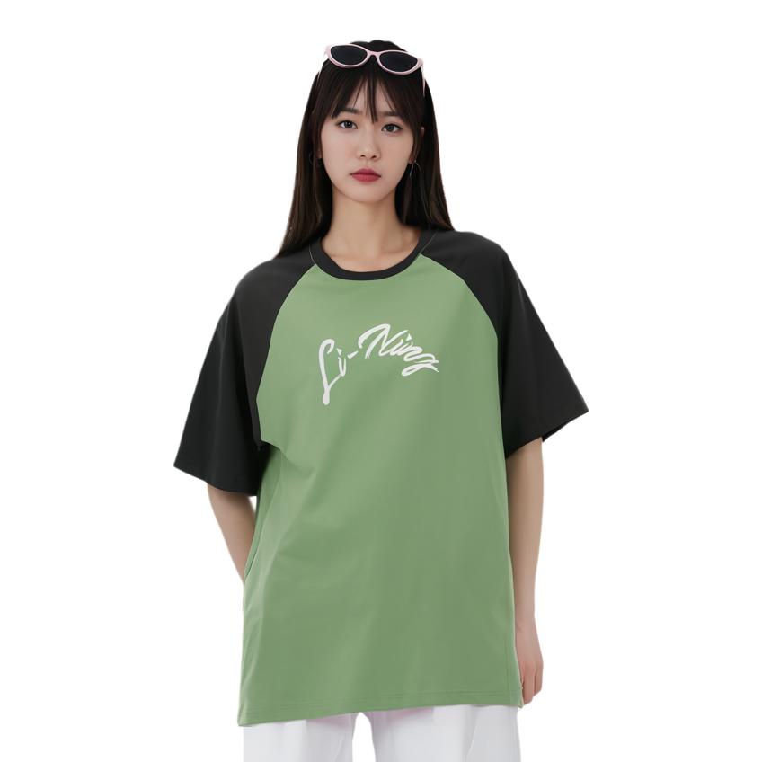Li Ning Fitness Serie Color Block Schriftzug Rundhals Locker Kurzarm Raglan T-Shirt Damen T-Shirt Steingrün Schwarz ATSU462-3