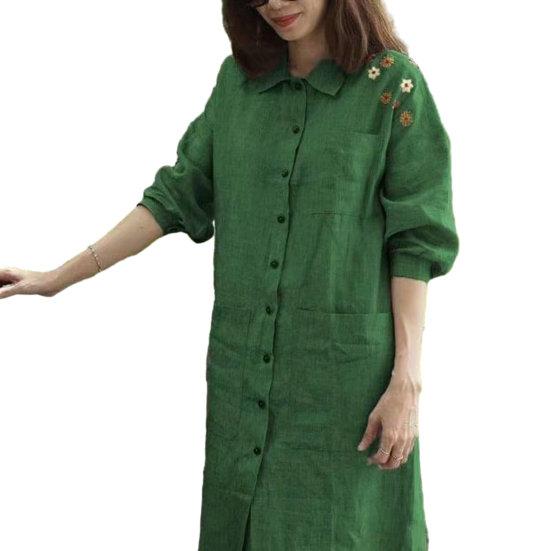 

Женское весеннее платье трапециевидной формы, свободное однобортное платье с цветочным принтом и накладными карманами, с длинным рукавом, чистый цвет, мягкое дышащее платье-миди длиной до середины икры XL зелёный