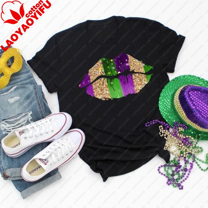 Mardi Gras Lips Fleur De Lis Shirt Fat Tuesday Womens Tee Oversized T Shirt Women Clothes Graphic T Shirts Y2k Aesthetic Tops