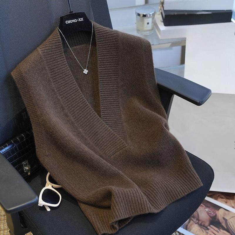 

Осень Зима Женский Вязаный Жилет с Глубоким V-образным Вырезом Свободный Однотонный Без Рукавов Пуловер Жилет Вязаная Верхняя Одежда L кофейный