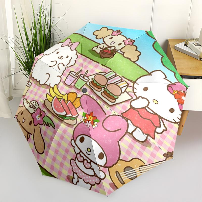 1pc Hello Kitty & Friends Outdoor Picnic with Floral Print - Automatic Opening Umbrella, Portable Folding Design, 8-Bone Iron Frame, Festival Gift for