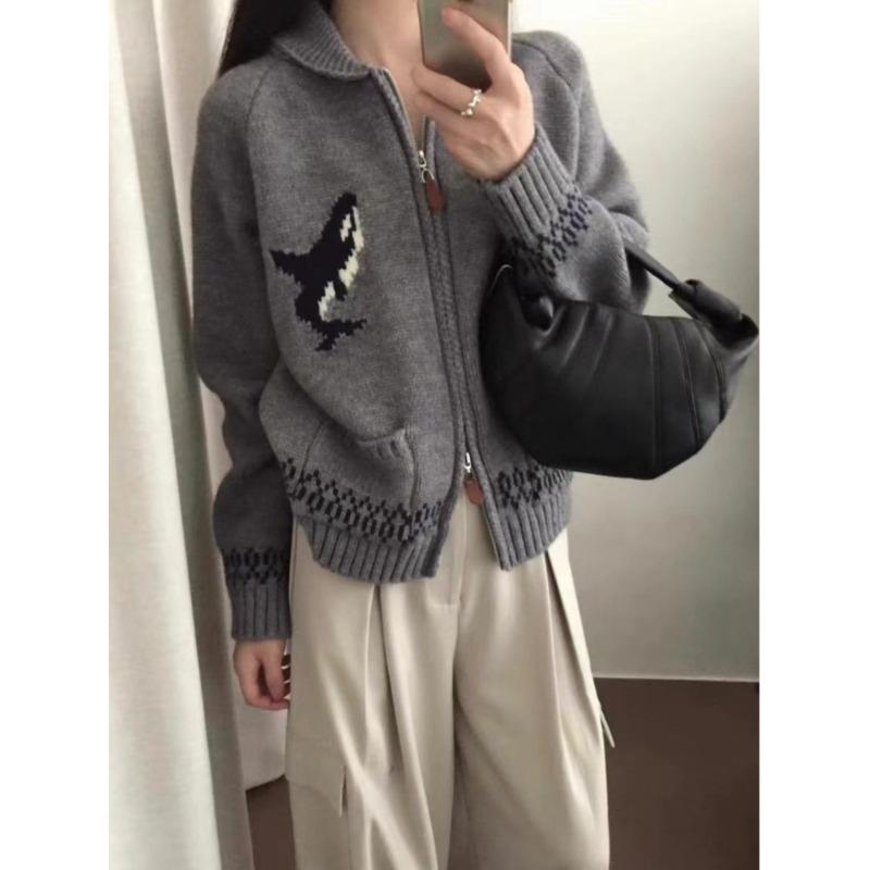 

Zipper lapel jacquard sweater jacket women s clothing autumn and winter new loose casual knitted cardigan top average size