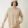 Women's V-Neck Cashmere Bodycon Knit Sweater, Solid Color, Medium-Length, Long Sleeve, Casual Loose Pullover.