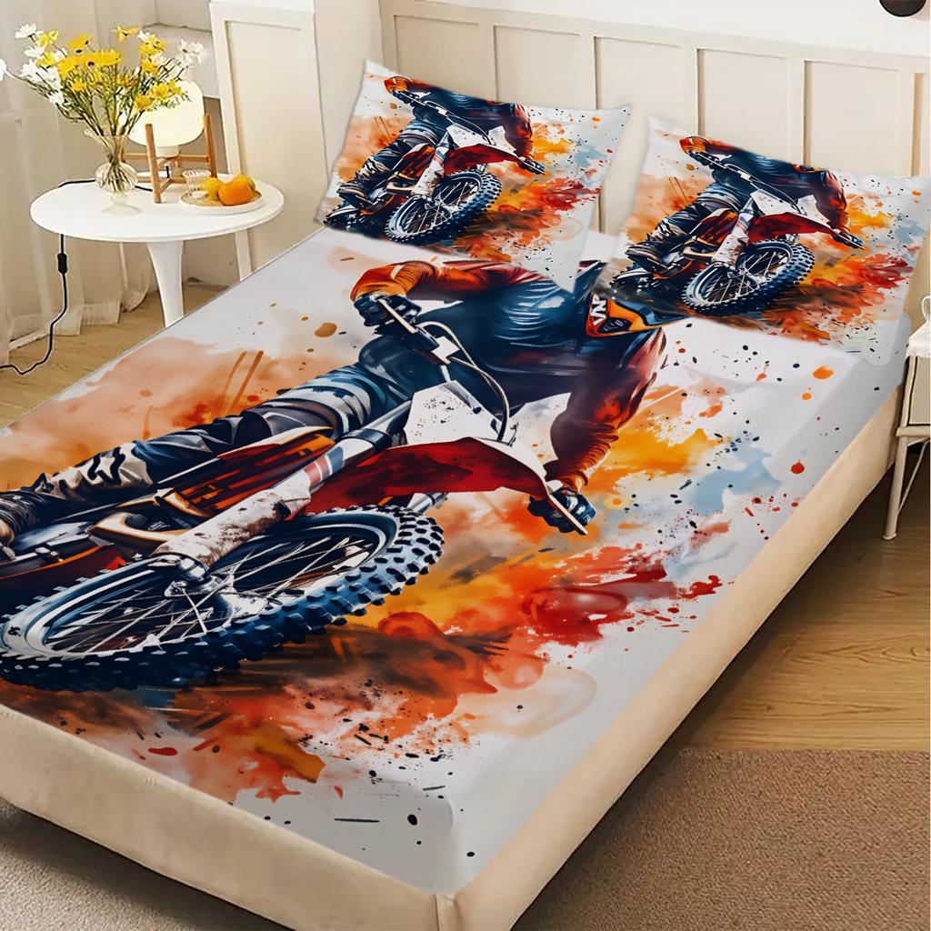3-delige hoeslakenset Motorracen 3D Geprint Motocross Rijder Beddengoed Met Kussenslopen Voor Slaapkamer Decoratie