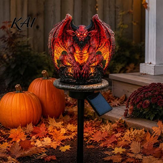 Gothic Demon Yard Ornament Dragon Solar Garden Light, Outdoor Gargoyle Statue with Warm LED Lighting, Halloween Cemetery Decoration Waterproof