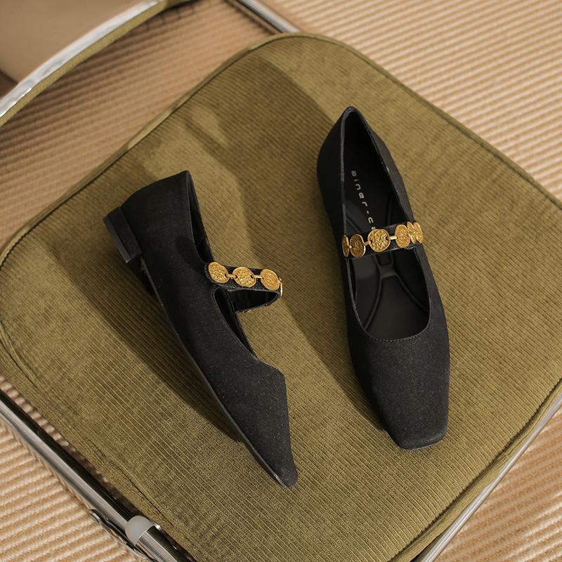 22309 Flat Shoes Women's Thick Heel New Square Head Word with Mary Jane Shoes Retro Shallow Mouth Matte Low Heel Single Shoes