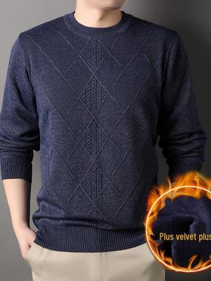 Heren Herfst/Winter Warm Jacquard Gebreide Trui met Fluwelen Voering, Ronde Hals, Lange Mouw.