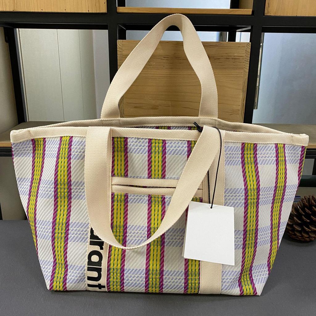 Rakuten Japan Korea Straw Woven Tote Bag with Colored Stripes - Casual Handbag for Shopping