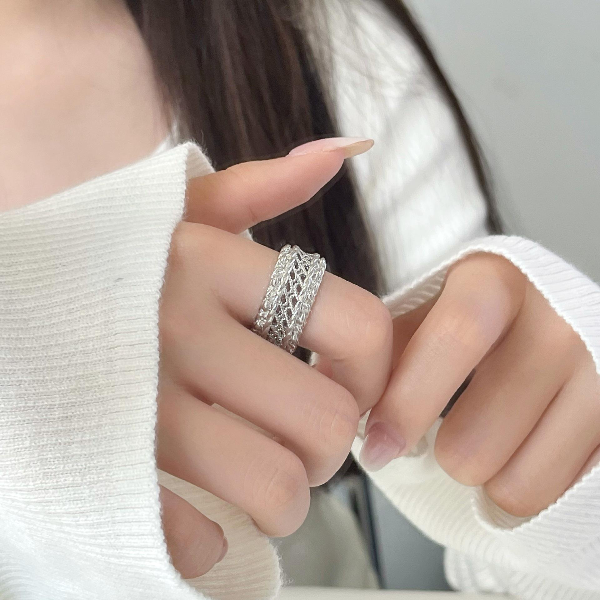 Geometric Multi-layer Chain Ring with Irregular 3D Mesh Texture - Adjustable Couple Style Stackable Ring Open Adjustable